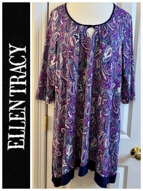 Ellen Tracy Nightgown Paisley Purple Navy trim scoop neck handkerchief hem large